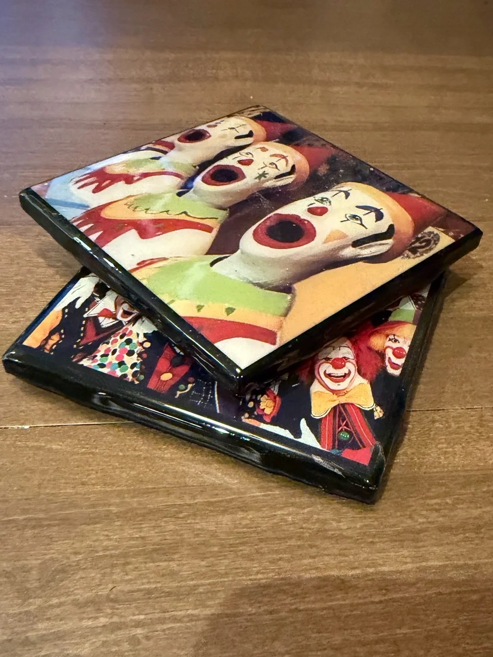 Pair Vintage Clown Square Tile Coasters